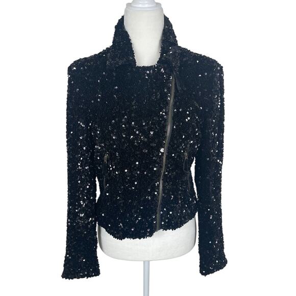 Maeve by Anthropologie Jackets & Blazers - Anthropologie Maeve Sequined Bomber Moto Jacket Black Sz Small Holiday Party NEW